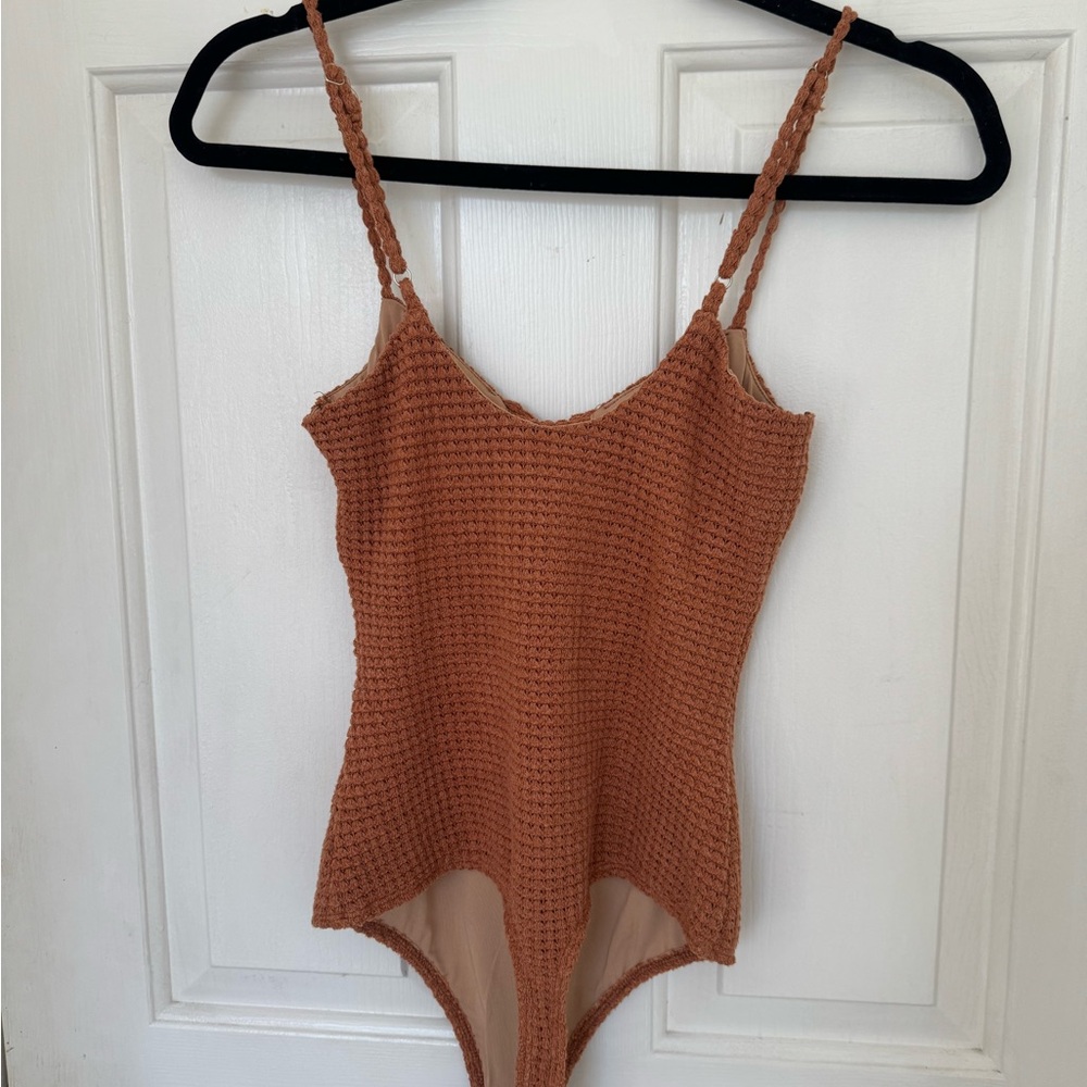 Lulu's Rust Color Textured Knit Bodysuit - Picture 3 of 6